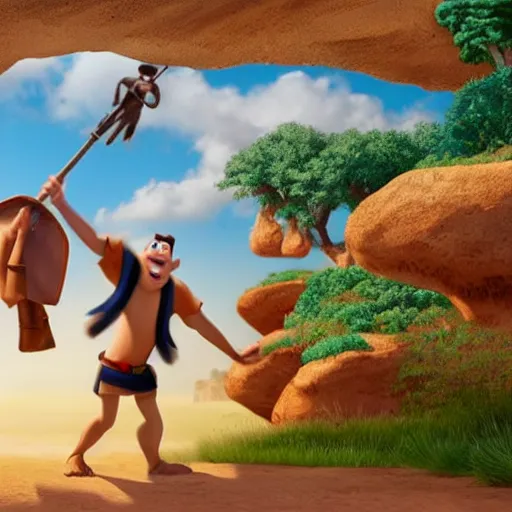 Prompt: film still of David vs Goliath bible story in the style of Disney Pixar Up (2009)