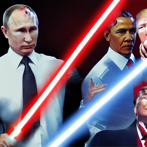 Prompt: photo of putin, trump, obama and bush having a lightsaber fight