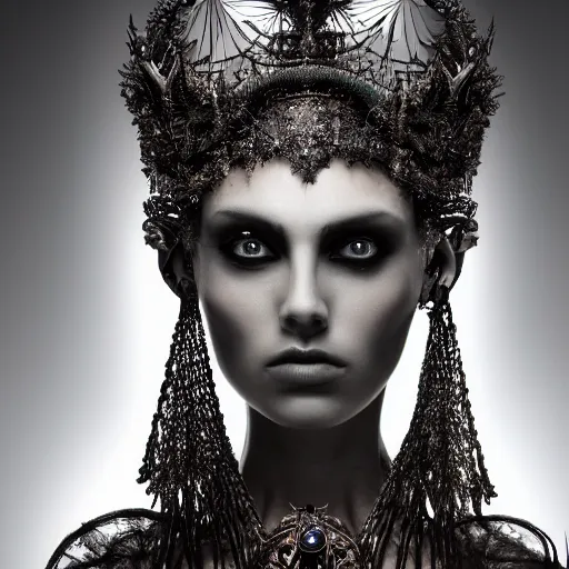 Prompt: a female model by stefan geselle and nekro borja, photorealistic, biomechanical, crystals, intricate details, hyper realistic, ornate headpiece, dark beauty, photorealistic, canon r 3, photography, wide shot, photography, dark beauty, symmetrical features