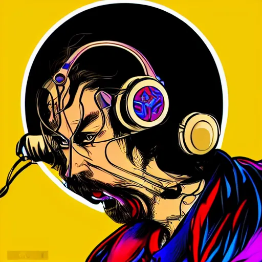 Image similar to artgerm, psychedelic laughing cybertronic dr. strange, rocking out, headphones dj rave, digital artwork, r. crumb, svg vector