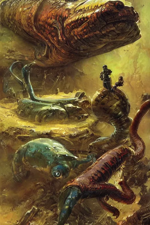 Image similar to huge slimy salamander attacks, dynamic action on alien planet, by norman rockwell, jack kirby, jon berkey, earle bergey, craig mullins, ruan jia, jeremy mann, tom lovell, marvel, astounding stories, 5 0 s pulp illustration, scifi, fantasy