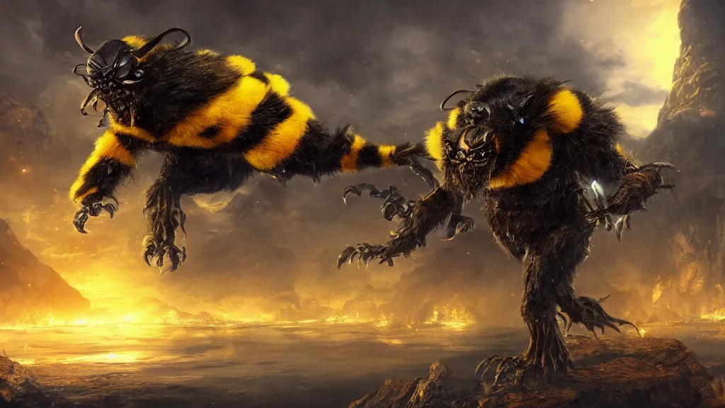 Image similar to giant bumblebee goblin, fantasy artwork, very very very beautiful scenery, hd, hdr, ue5, ue6, unreal engine 5, cinematic 4k wallpaper, 8k, ultra detailed, high resolution, artstation, award winning