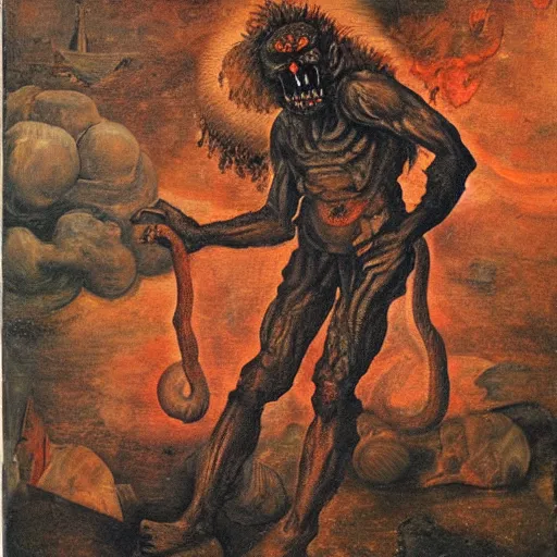 Image similar to demonic figure, oil painting, hell and nightmare, 1 5 0 0 s