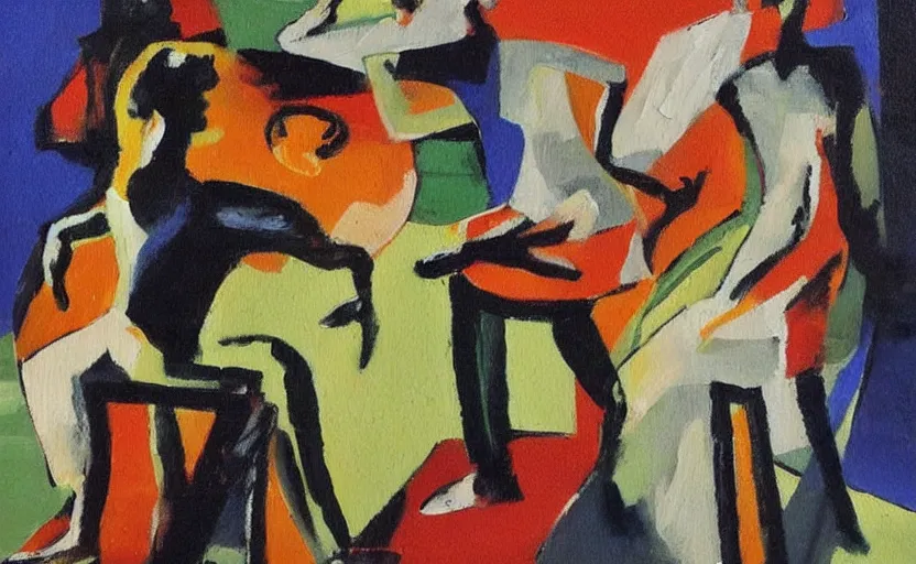 Image similar to oil painting in the style of john craxton sailors. seated figure hands on table. similar aesthetics to ivon hitchins.. drawing on painting, brush marks