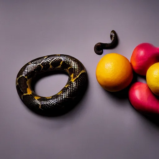 Image similar to award winning studio photography of a snake with weird fruit, studio lighting, solid background