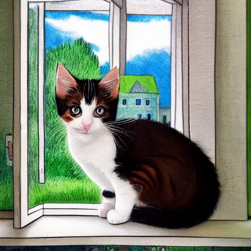 Image similar to cute calico kitten looking out of the window on a [ [ [ [ beautiful ] ] ] ] summer day, storybook art, detailed, cute, profile shot, featured on artstationg, gorgeous!!!