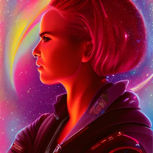 Prompt: a beautiful portrait painting of a 2 4 year old woman retrowave space explorer, synthwave trending on artstation.