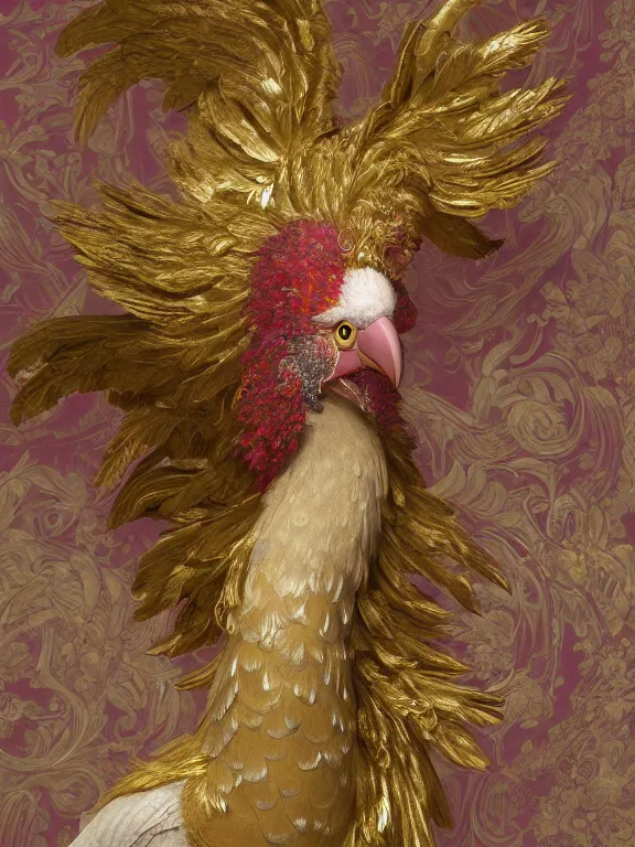 Prompt: a beautiful render of an exotic pale lilac feathered and metallic gold bird with red jewel eyes, surrounded by an elaborate decorative plaster arabesque rococo motif, by Raphael and Antoine Watteau, zbrush, redshift render, 8k, hyperreal