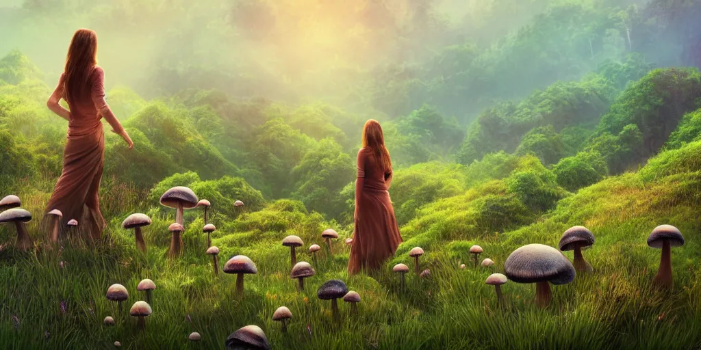 Prompt: Woman on a mountain surrounded by mushrooms, lush mushroom forest, tall grass, flowers, scenic, valley in the background, expansive, sense of scale, depth, 8k, trending on artstation