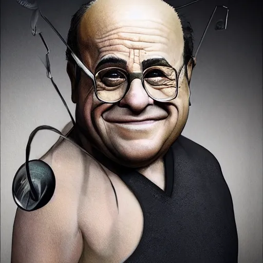 Image similar to hyperrealistic mixed media realistic image of danny devito, stunning 3 d render inspired art by xiang duan and thomas eakes and greg rutkowski, perfect facial symmetry, hyper realistic texture, realistic, highly detailed attributes and atmosphere, dim volumetric cinematic lighting, 8 k octane detailed render, post - processing, masterpiece,