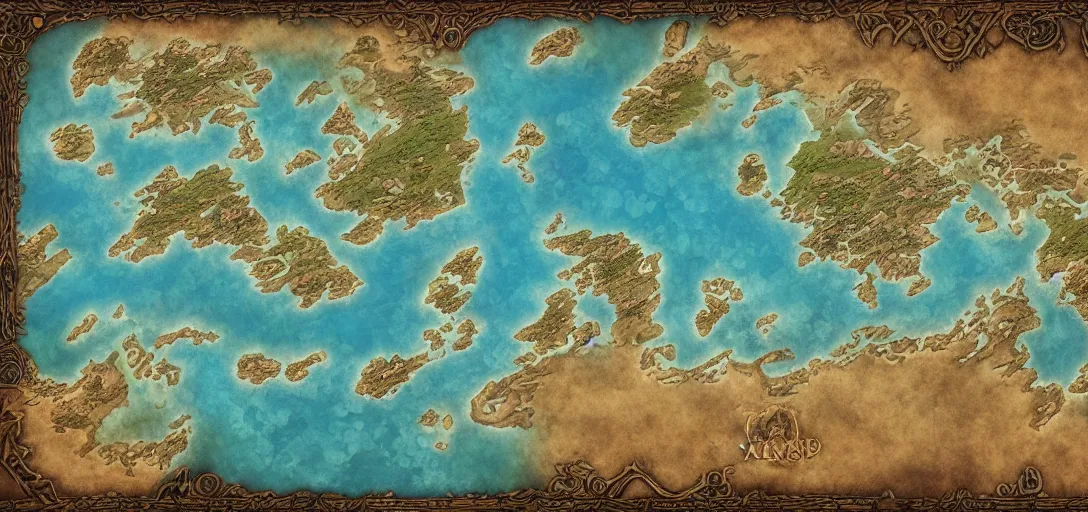 Prompt: fantasy world atlas in the style of a world of warcraft world map, 7 0 % ocean, extremely detailed, fantasy, no text, 4 k