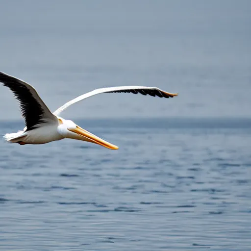 Prompt: award - winning photo of a white pelican in flight as seen from below. in the background we see the ocean and a pinkish hue sunset