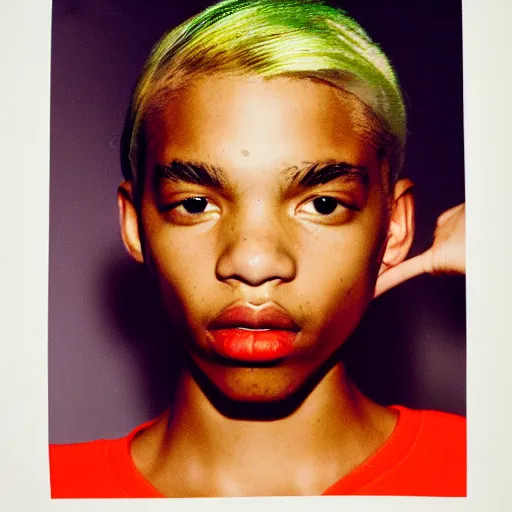 Prompt: risograph print of a new balenciaga lookbook, color film photography, blonde woman, photo in style of tyler mitchell, 3 5 mm,