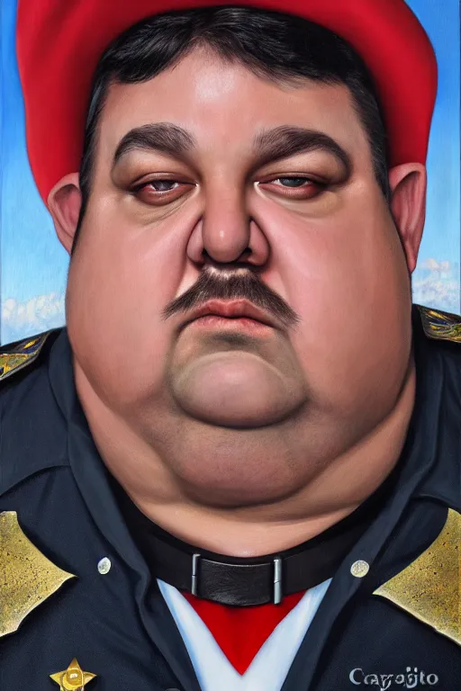 Image similar to high fantasy elf mall cop with a sheriff's badge that is fat, shifty, and incompetent, portrait from the chest up by Carvagio, Oil Painting, hyper realistic,, 8k UHD scan
