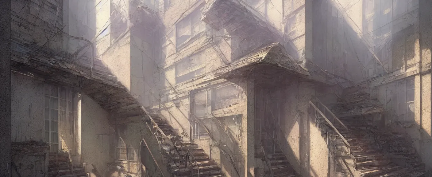 Image similar to photo of an abandoned building. cozy. stairs. pastel colors. whimsical trending on artstation. cgsociety. filled with sunlight ultra detailed - art by greg rutkowski and moebius