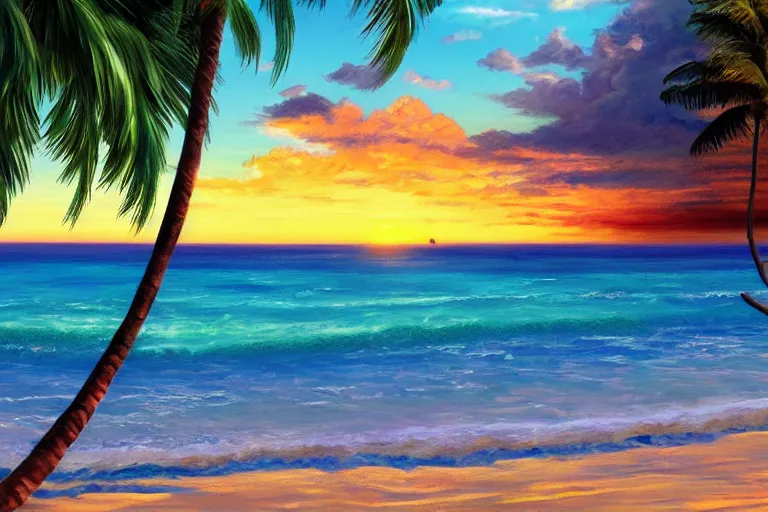 Prompt: concept art, painting of costa rica beach, digital anime art, sunset,