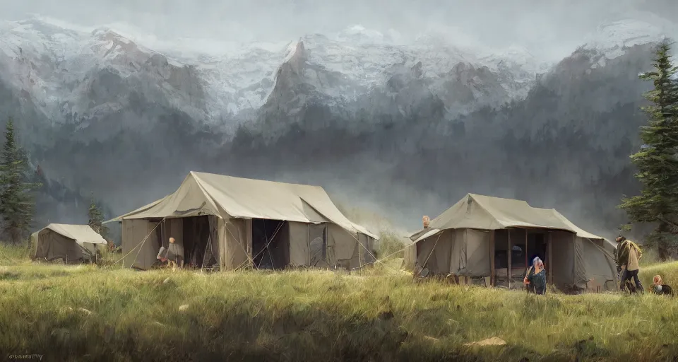 Image similar to cabela's beautiful comfortable modular insulated wall kit - house all weather family dwelling tent house, person in foreground, mountainous forested wilderness open fields, beautiful views, painterly concept art, joanna gaines, environmental concept art, farmhouse, magnolia, concept art illustration, by james gurney, by craig mullins, by greg rutkowski trending on artstation