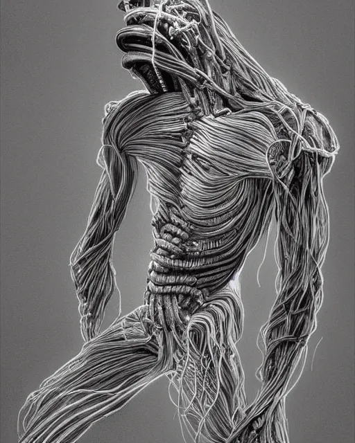 Image similar to a soldier writhing in pain with wires and cables bursting out of their right arm in the style of h. r. giger / david cronenberg / zdzisław beksinski trending on artstation deviantart pinterest hyper detailed photorealistic highlights and shadow hd 8 k post - processing high resolution