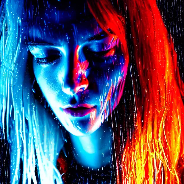 Prompt: bright asthetic portrait LSD glowing backlit rain on face and wet hair, cyberpunk, overhead lighting, fantasy, intricate, elegant, dramatic lighting, highly detailed, lifelike, photorealistic, digital painting, artstation, illustration, concept art, smooth, sharp focus, art by John Collier and Albert Aublet and Krenz Cushart and Artem Demura and Alphonse Mucha