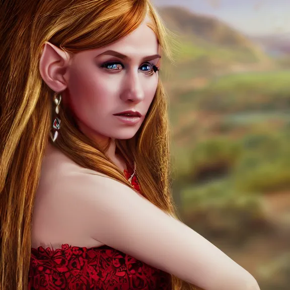 Image similar to Portrait of a young half elven woman with a beautiful red dress, lots of jewelry, Blonde long hair. freckels in hee face. Desert Hills in the background. Sharp Image. Detailed digital art.