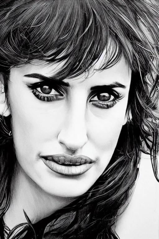 Image similar to photo portrait of penelope cruz, realistic, black and white, in style of phil borges