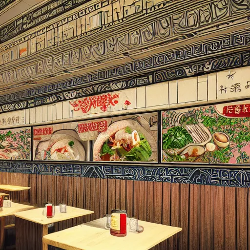 Prompt: a beautiful hyperdetailed interior 4 k hd wallpaper illustration of roasted string hotpot restaurant restaurant yan'an, corner, simple style, wall painting, from china, with merchant logo, simple structure, surrealistic, chinese style, victo ngai