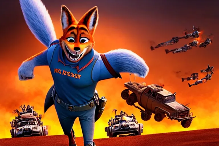 Image similar to nick wilde ( from zootopia ), heavily armed and armored facing down armageddon in a dark and gritty reboot from the makers of mad max : fury road