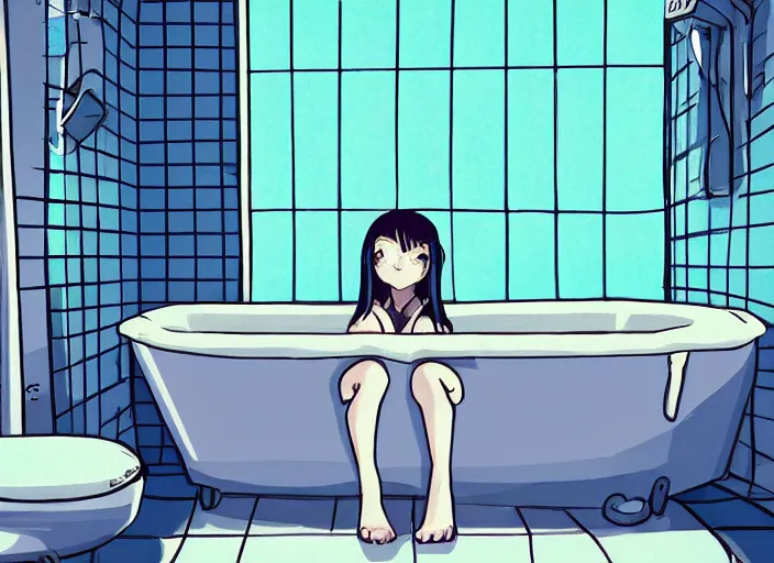 Image similar to girl in bathtub, bathroom, boring, anime, 1 9 9 0 s, retro style, aesthetic, chill, room