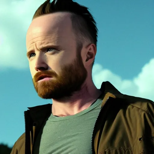 Image similar to Live Action Still of Aaron Paul dressed as Walter White, real life, hyperrealistic, ultra realistic, realistic, highly detailed, epic, HD quality, 8k resolution, body and headshot, film still