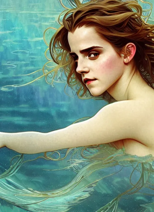 Prompt: Emma Watson as mermaid swimming underwater, full body shot, cute, fantasy, intricate, elegant, highly detailed, digital painting, 4k, HDR, concept art, smooth, sharp focus, illustration, art by alphonse mucha,artgerm, H R Giger