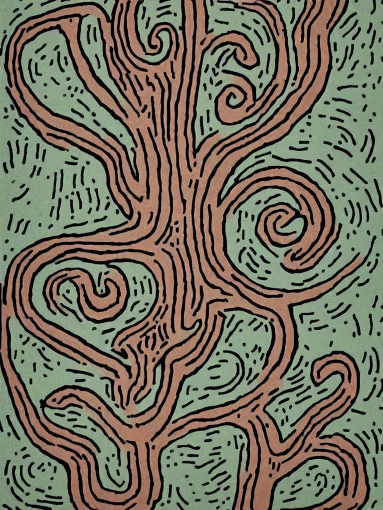 Image similar to minimal!!!!!!! acorn!!!!! that turns into a tree!!!!! in the shape of a treble clef!!!!!, a big rip down the middle, splashes of color, inspirational and powerful, clear high resolution acorn and tree, keith haring