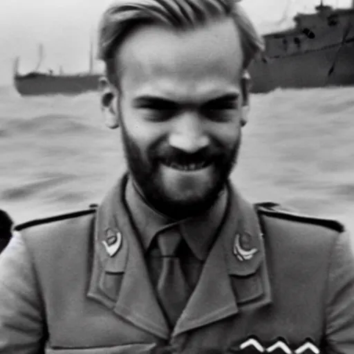 Image similar to A closeup of Pewdiepie storming the beaches of Normandy, 1945, Colourized