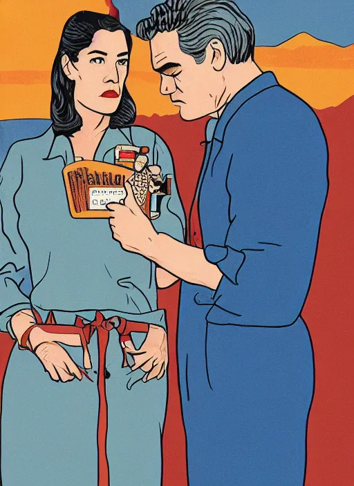 Prompt: Twin Peaks art, of Michael Shannon dressed as mechanic talking to Jennifer Connelly wearing light blue diner waitress dress, poster artwork by Bob Larkin, from scene from Twin Peaks, simple illustration, domestic, nostalgic, from scene from Twin Peaks, clean, New Yorker magazine cover