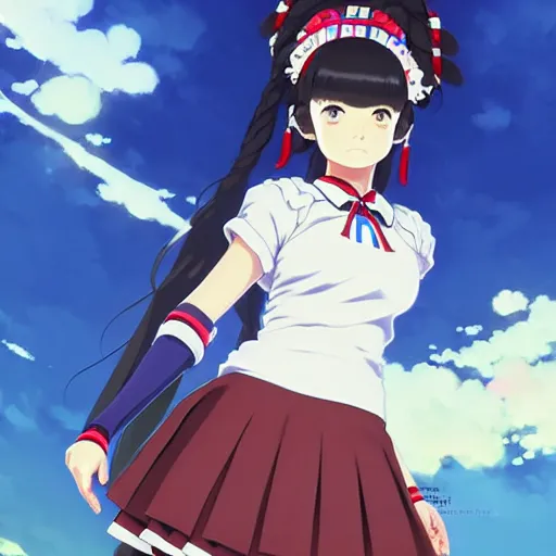 Image similar to a beautiful! plus sized instagram model, wearing catholic school girl outfit with mayan pattern and native style, jrpg aztec street fashion, gapmoe yandere grimdark, trending on pixiv fanbox, painted by greg rutkowski makoto shinkai takashi takeuchi studio ghibli, akihiko yoshida