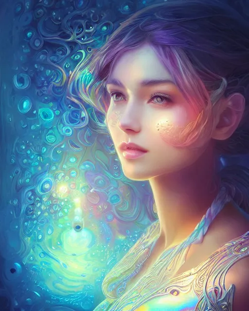 Prompt: cute woman inside an ornate sail boat of iridescent liquid, alchemy, shiny plastic, intricate, bloom, detailed, volumetric lighting, sharp focus, photorealism, digital painting, highly detailed, concept art, by by artgerm and wlop