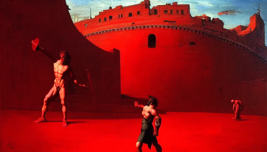 Image similar to only with red, a lightly armored gladiator in a crowded roman amphitheatre, crowd cheering, in the style of beksinski and edward hopper and rodcenko and yue minjun and artgerm, intricate and epic composition, red by caravaggio, highly detailed, masterpiece, red light, artstation, art nouveau