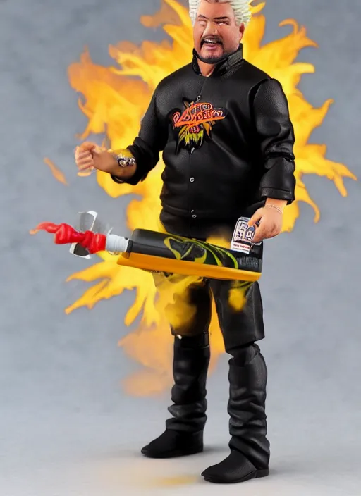 Prompt: black series action figure of guy fieri with barfing action, pristine box, toy still in package, ebay, extremely detailed