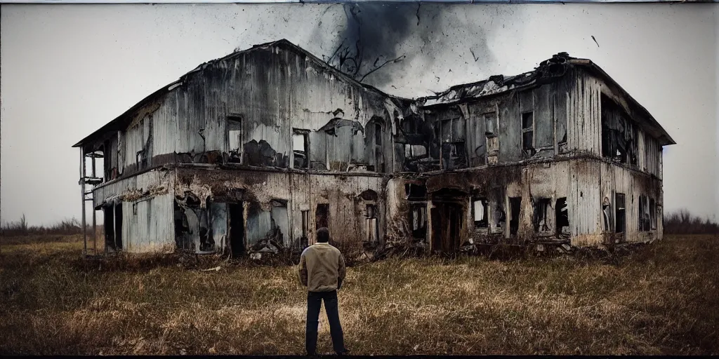 Prompt: detailed analog medium format photo by tarkovsky, polaroid photo of a man standing outside abandoned building in country while it burns away, artwork by maxim verehin, high production value, intricate details, 8 k resolution, hyperrealistic, hdr, photorealistic, high definition, tehnicolor, award - winning photography, masterpiece, amazing colors, trending on artstation