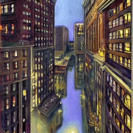 Image similar to full color ultra realistic painting of a balcony view of 1 9 2 5 boston downtown at night, the sky is distorted and broken like a smashed mirror, dark, brooding, night, atmospheric, ultra - realistic, smooth, highly detailed