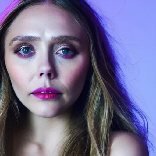 Image similar to elizabeth olsen, hands on her face posing for the camera, neon lighting, closeup!!!!!!, macro!!!!!!, 3 5 mm!!!!!! lens, comprehensive art, neon!!!!!! atmosphere, intricately detailed, indistinguishably unique, 4 k, 8 k, detailed facial features