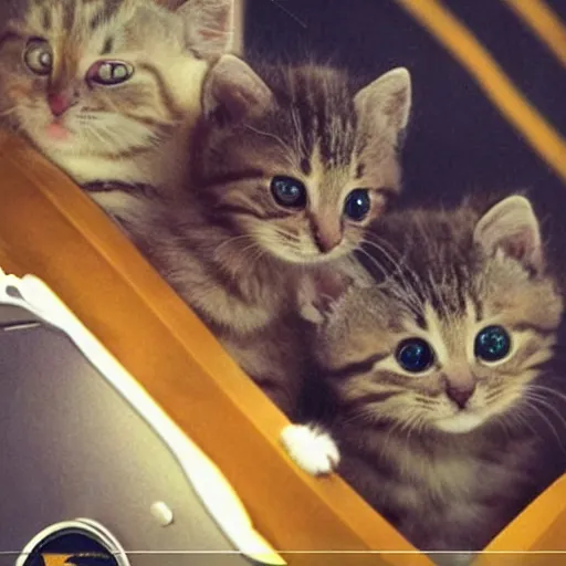 Prompt: astronaut kittens on the bridge of their spaceship, flying through space to the Webb telescope to play on it. Breathtaking high energy