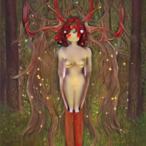 Image similar to A tall, dark forest god, with antlers, red eyes, forest, 3am, mist, moon, dark forest, red eyes in the style of Klimt