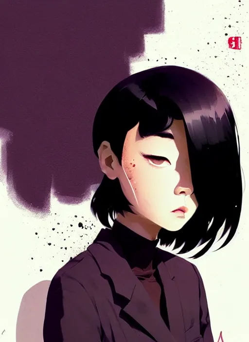 Image similar to highly detailed closeup portrait of cool black hair short, cinnamon skin teen, korean, black suit by atey ghailan, by greg rutkowski, by greg tocchini, by james gilleard, by joe fenton, by kaethe butcher, gradient dark purple, black and white color scheme, grunge aesthetic!!! ( ( graffiti tag wall background ) )