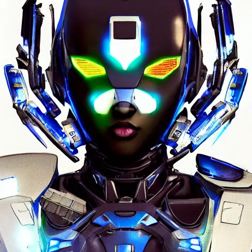 Image similar to an african female mecha with glowin white eyes, very symmetrical face, highly detailed, nanogirl, nanogirlv 2, by vitaly bulgarov, by yoji shinkawa, by joss nizzi, by shoji kawamori, metal gear solid, transformers cinematic universe, deviantart, artstation, unreal engine