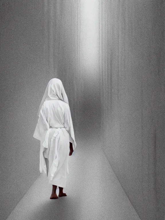 Prompt: a slim indian girl walking in liminal space neverending hallways, in full white robe, solemn, trending on DeviantArt, face enhance, hyper detailed,