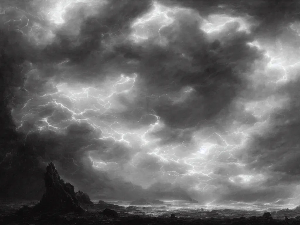 Image similar to very detailed, dark super storm, hyper realistic clouds that resemble rock formations, impressive, magical, very atmospheric, fog, cinematic, deep, very high complexity, stunning, dramatic masterpiece, iridescent, chiaroscuro, by gustave dore, caspar david friedrich, ian miller, very detailed. 4 k