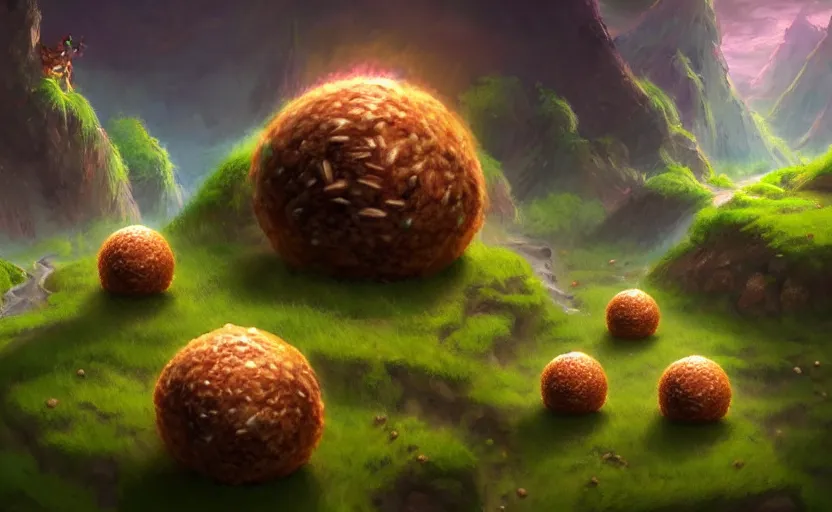 Image similar to magic : the gathering fantasy concept art of cute riceballs with excited faces bouncing down a mountain path, by marco bucci, high resolution, rice granules scattered all around, balls of rice, bouncing, fantasy coloring, intricate, digital painting, artstation, smooth, sharp focus