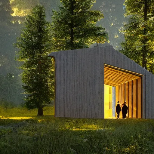 Image similar to solarpunk chapel from the outside in nature, forest and mountains, beautiful lighting, photorealistic, detailed