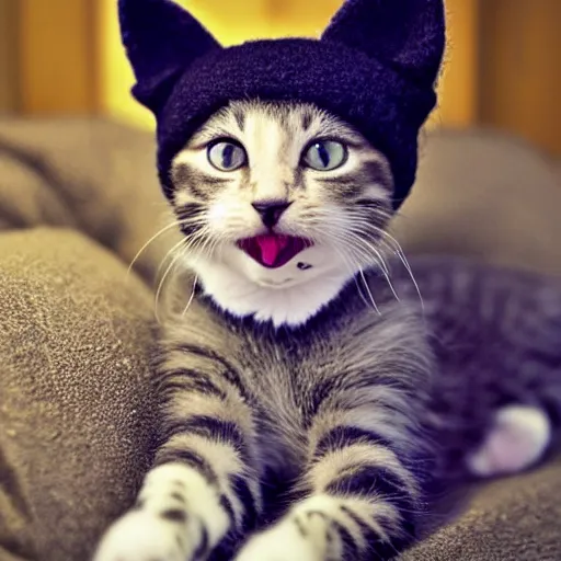 Prompt: kitten photo, wearing wool hat, tongue mlem!, cat ears