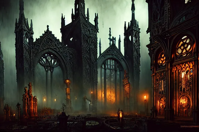 Image similar to steam necropolis, memento mori, gothic, neo - gothic, art nouveau, hyperdetailed copper patina medieval icon, stefan morrell, philippe druillet, ralph mcquarrie, concept art, steampunk, unreal engine, detailed intricate environment, octane render, moody atmospherics, volumetric lighting, ultrasharp, ominous, otherworldly